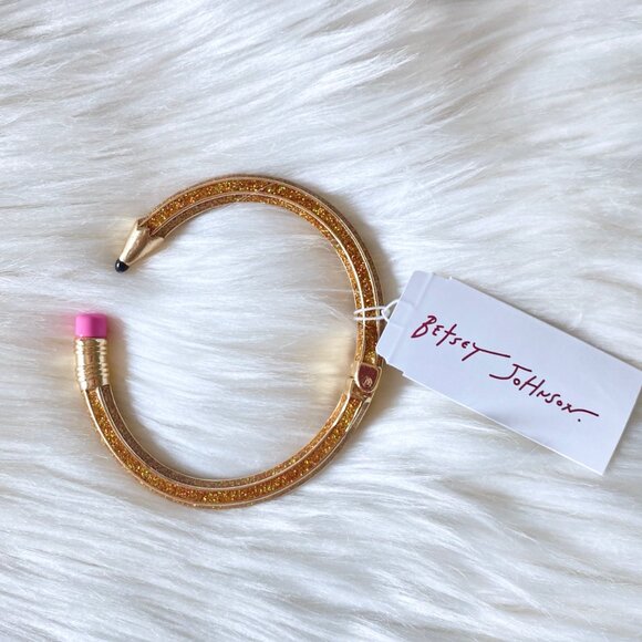 NWT Betsey Johnson Glitter Pencil Earrings and Bracelet Set Gold Sparkly School - Picture 3 of 7